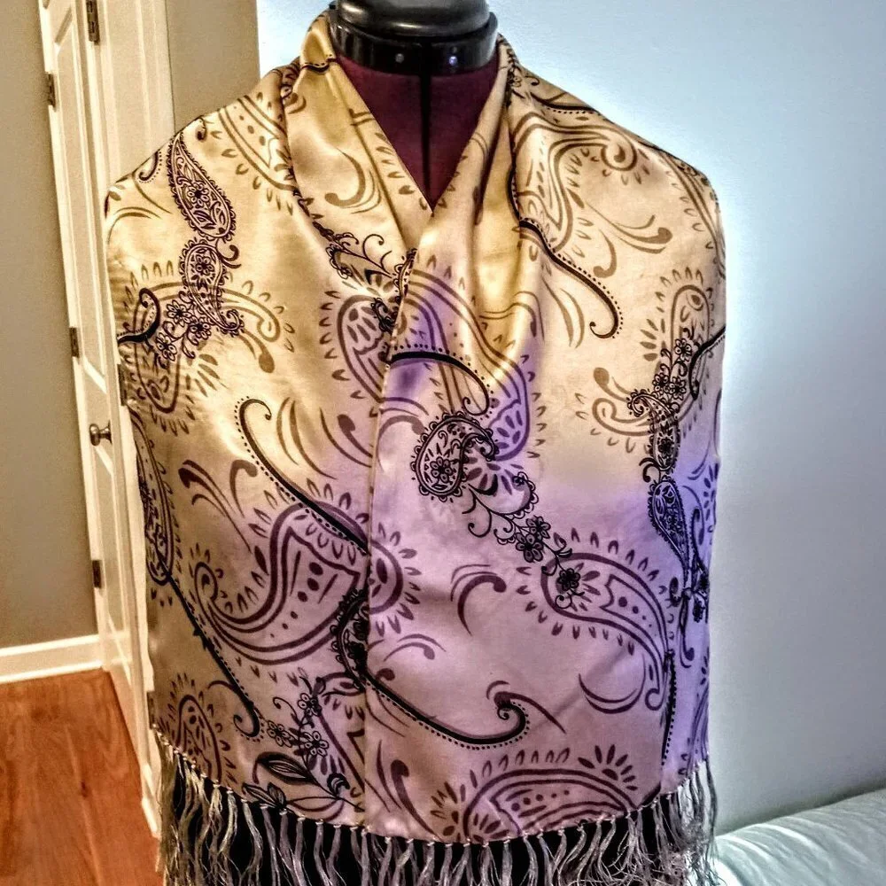Chinese Paisley Print Silk Oblong Fringed Scarf